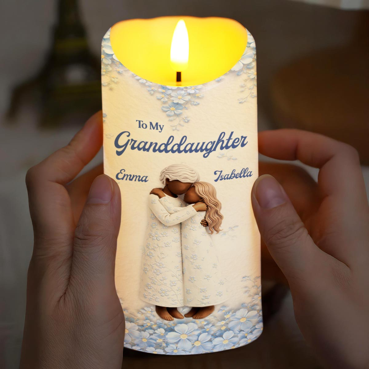 To My Granddaughter, Floral Grandmother And Granddaughter Embrace - Personalized Custom LED Candle - GDT571_LECA