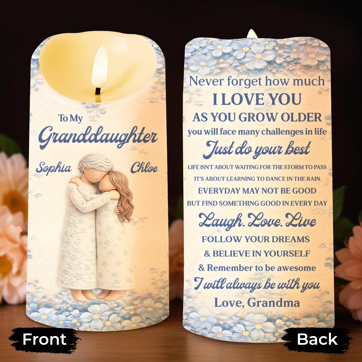 To My Granddaughter, Floral Grandmother And Granddaughter Embrace - Personalized Custom LED Candle - GDT571_LECA