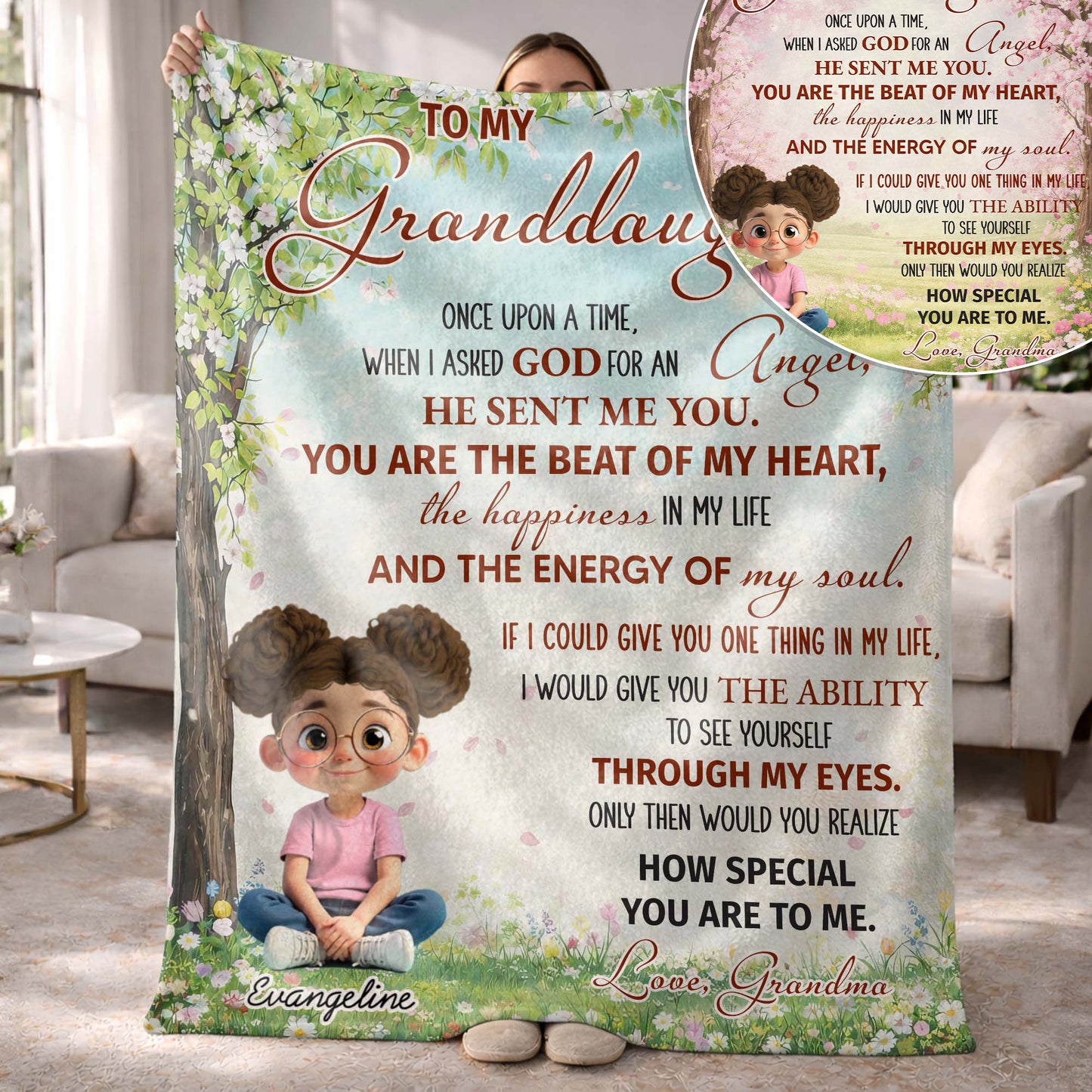To My Granddaughter, Once Upon A Time, Glasses And Flowers - Personalized Custom Blanket - GDT577_BLK