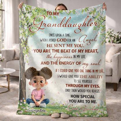 To My Granddaughter, Once Upon A Time, Glasses And Flowers - Personalized Custom Blanket - GDT577_BLK