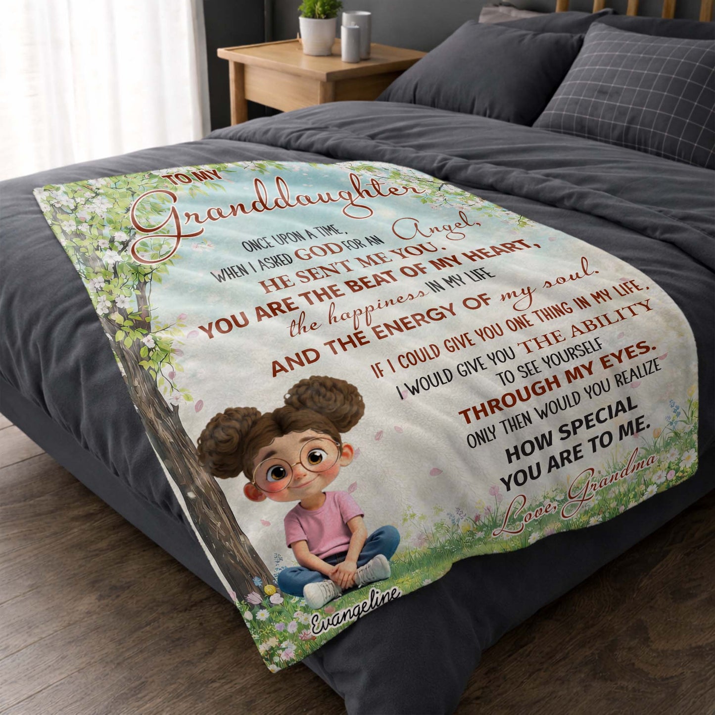 To My Granddaughter, Once Upon A Time, Glasses And Flowers - Personalized Custom Blanket - GDT577_BLK