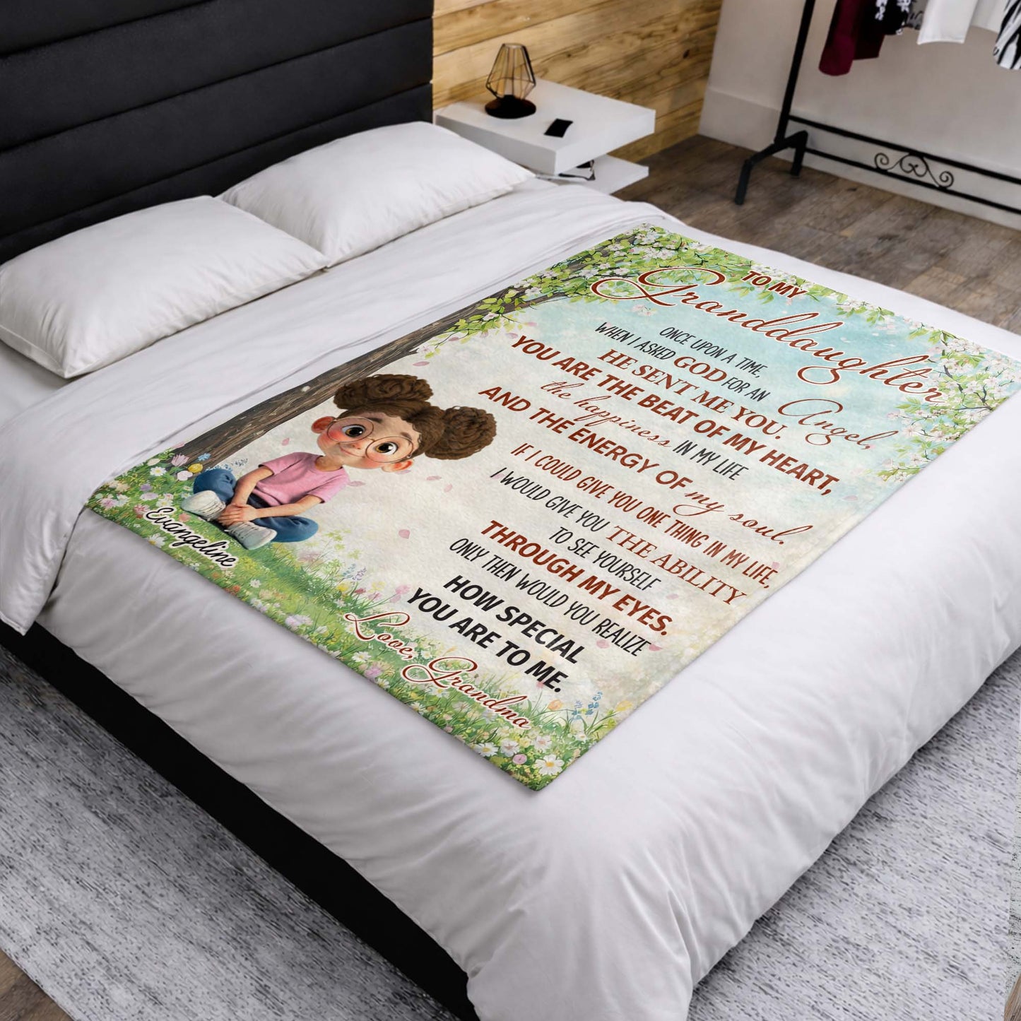 To My Granddaughter, Once Upon A Time, Glasses And Flowers - Personalized Custom Blanket - GDT577_BLK