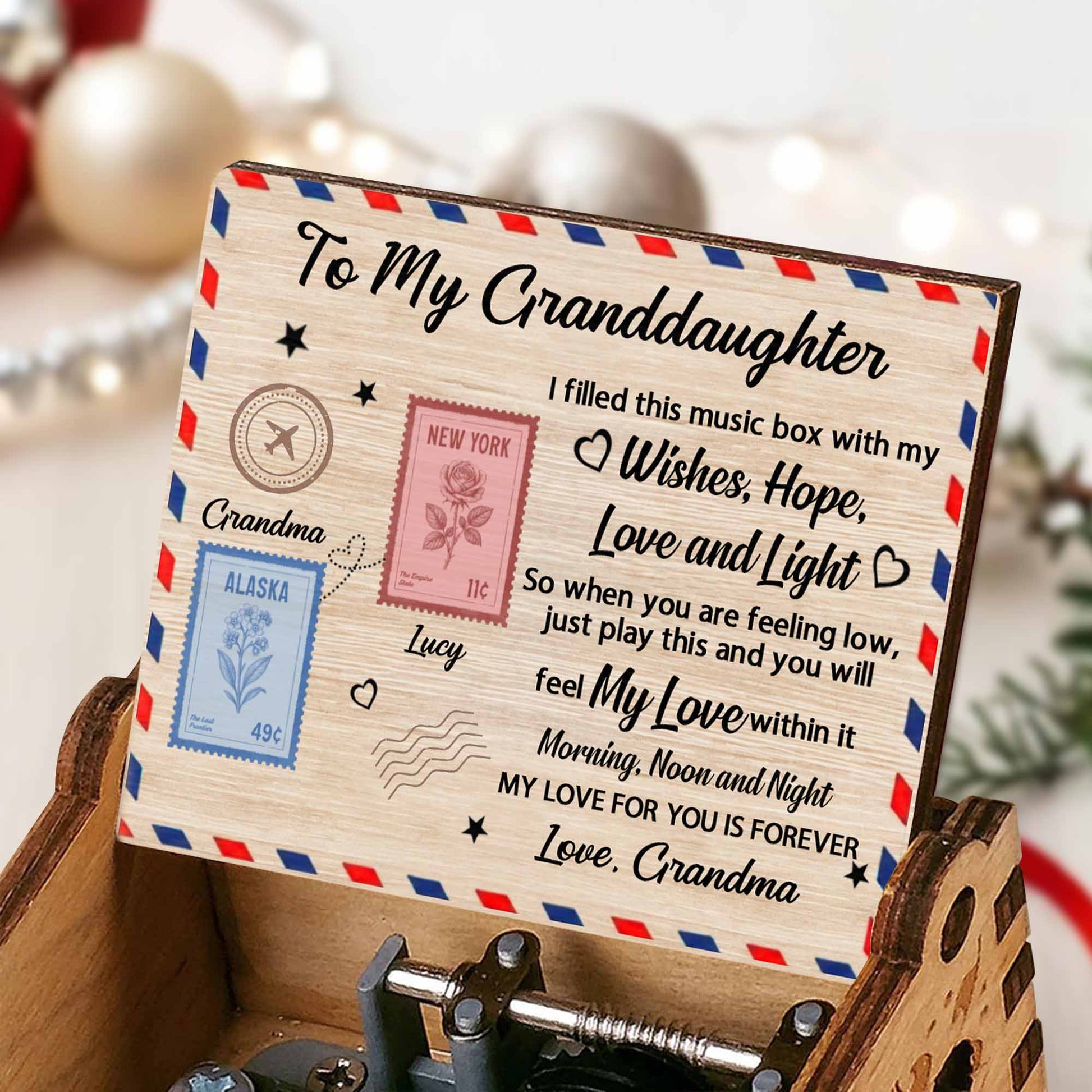 To My Granddaughter, Music Box With Postage Stamps Design