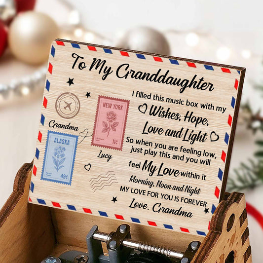 To My Granddaughter, Music Box With Postage Stamps Design