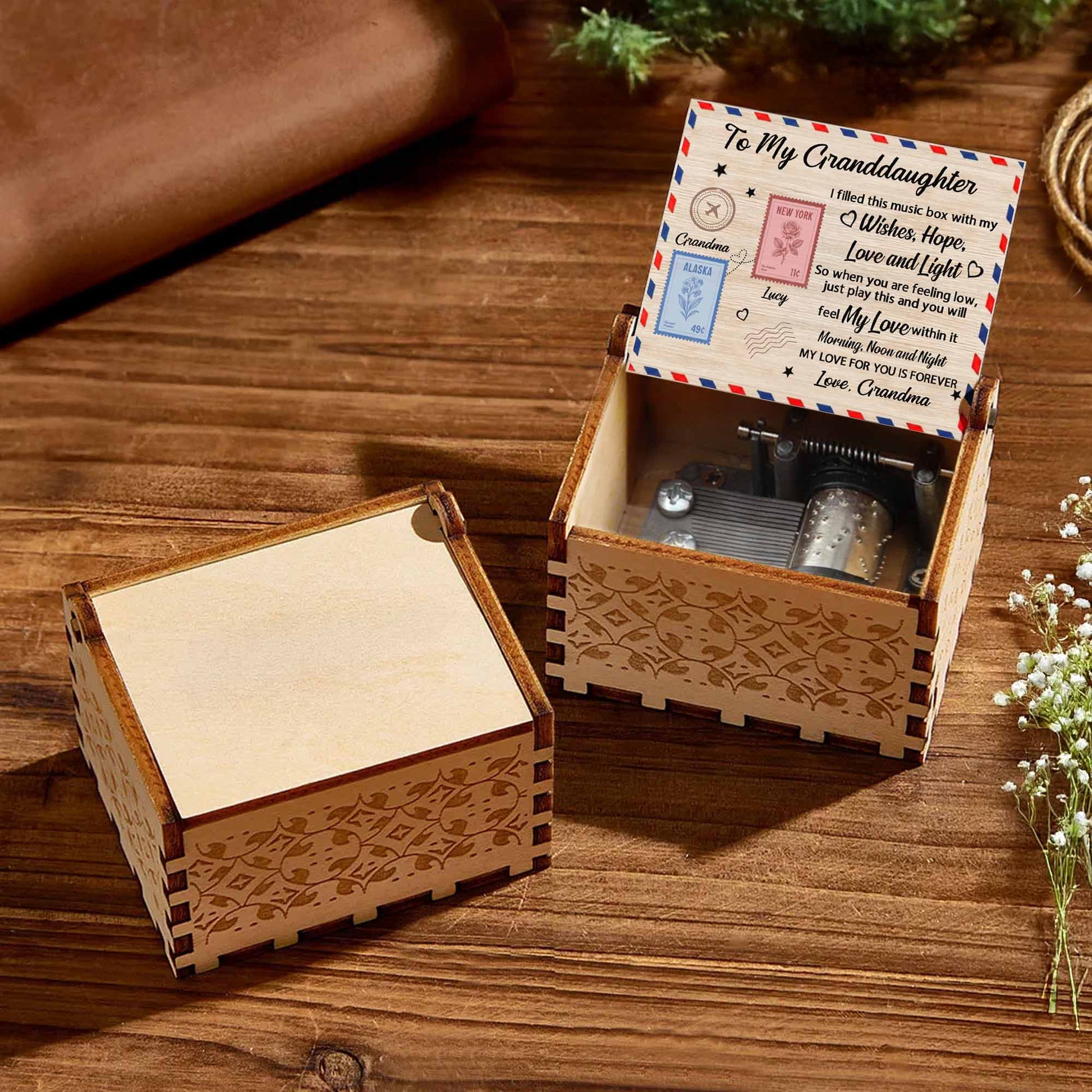 To My Granddaughter, Music Box With Postage Stamps Design