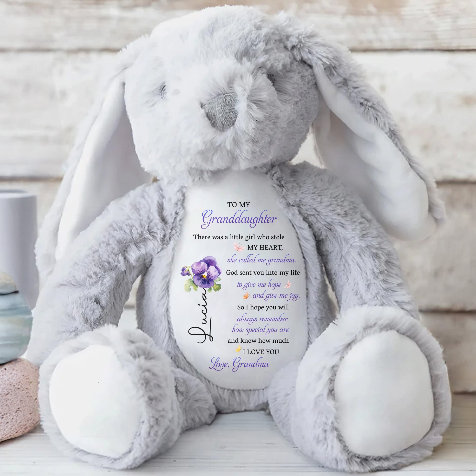 To My Granddaughter, Plush Bunny With Purple Flowers