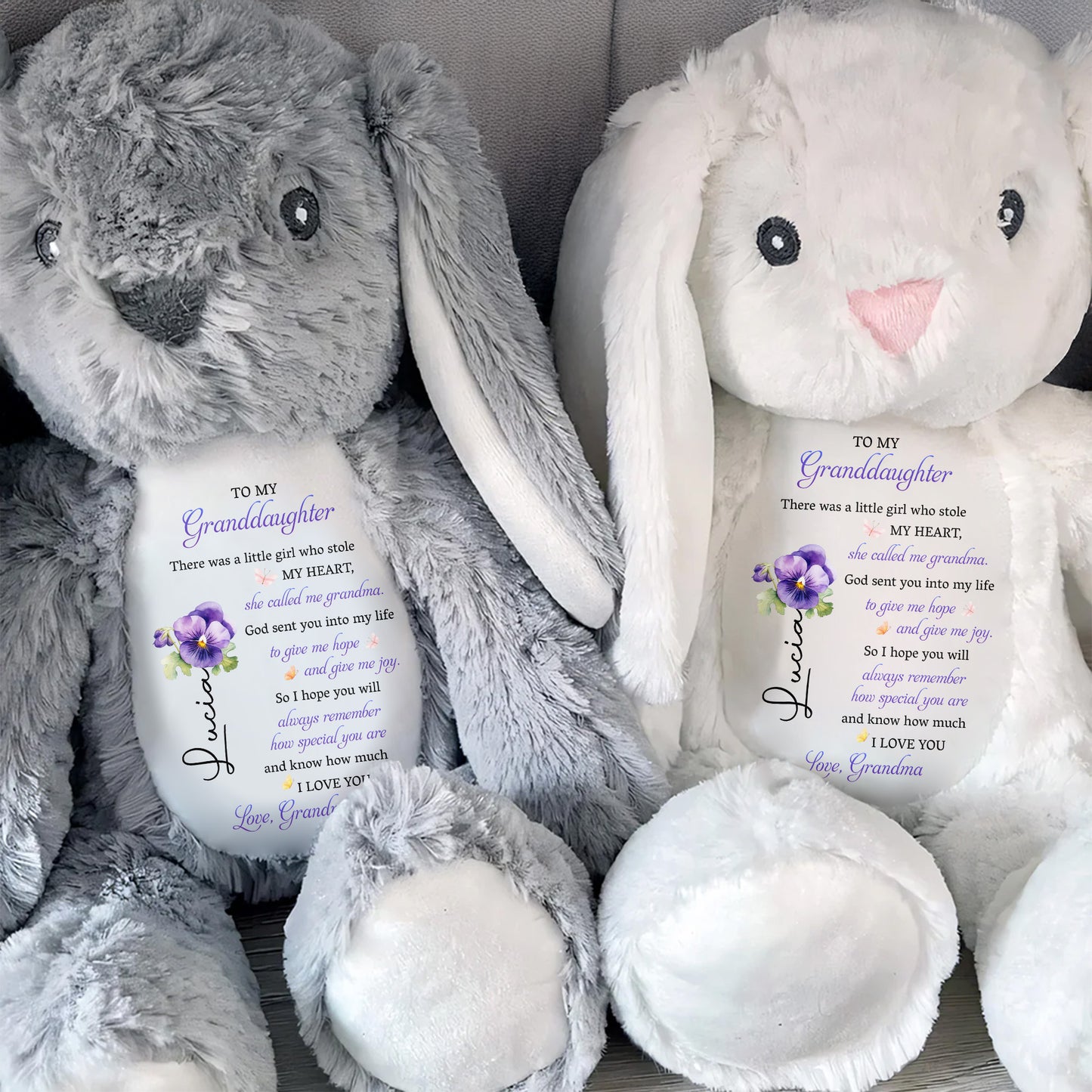 To My Granddaughter, Plush Bunny With Purple Flowers