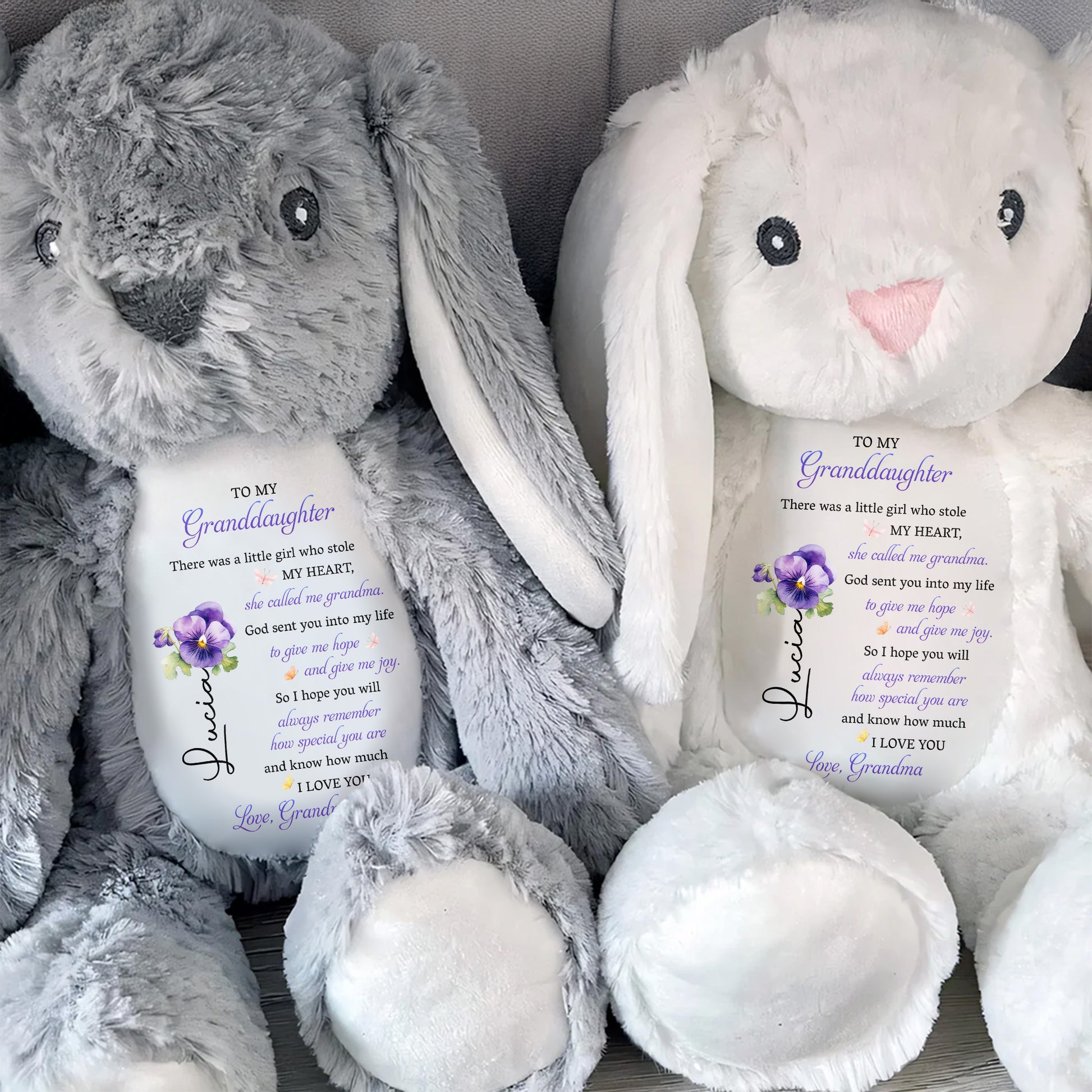 To My Granddaughter, Plush Bunny With Purple Flowers