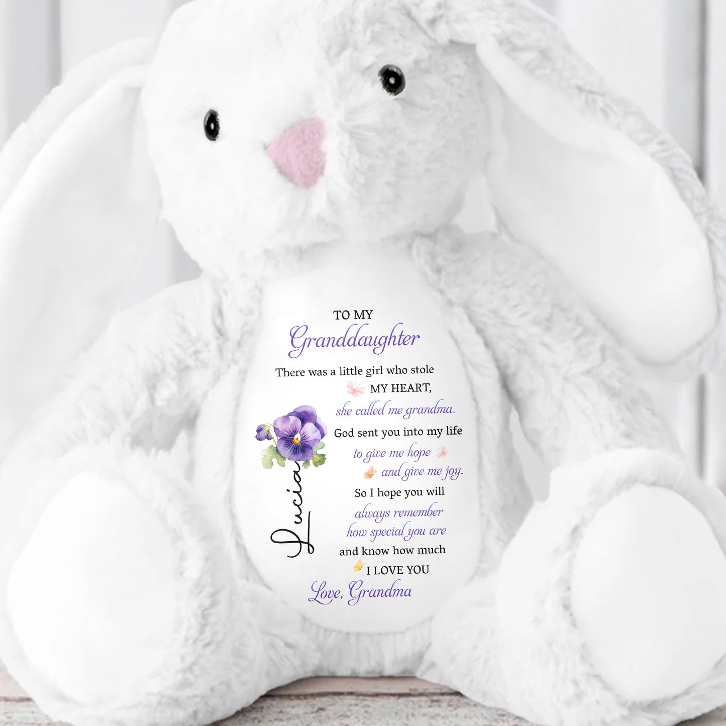 To My Granddaughter, Plush Bunny With Purple Flowers