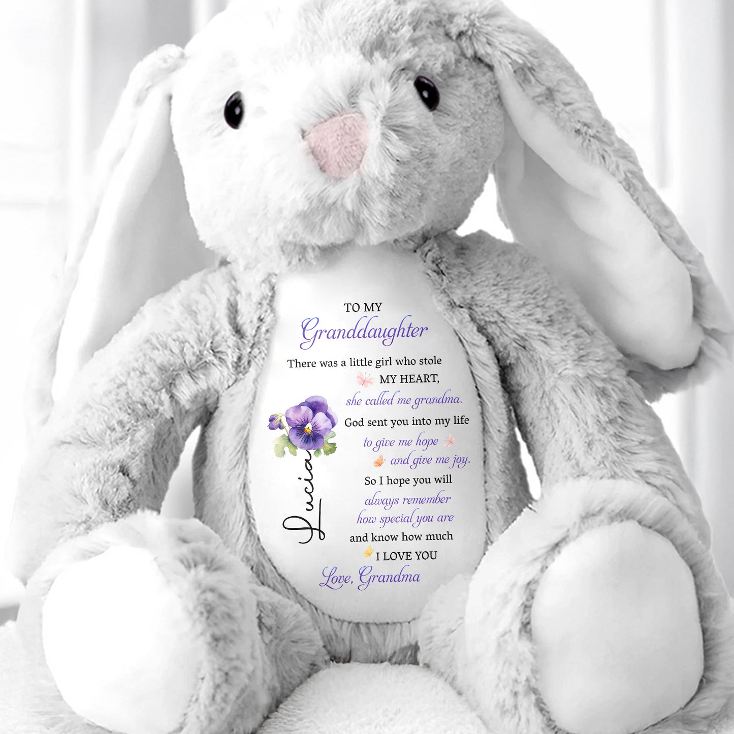 To My Granddaughter, Plush Bunny With Purple Flowers