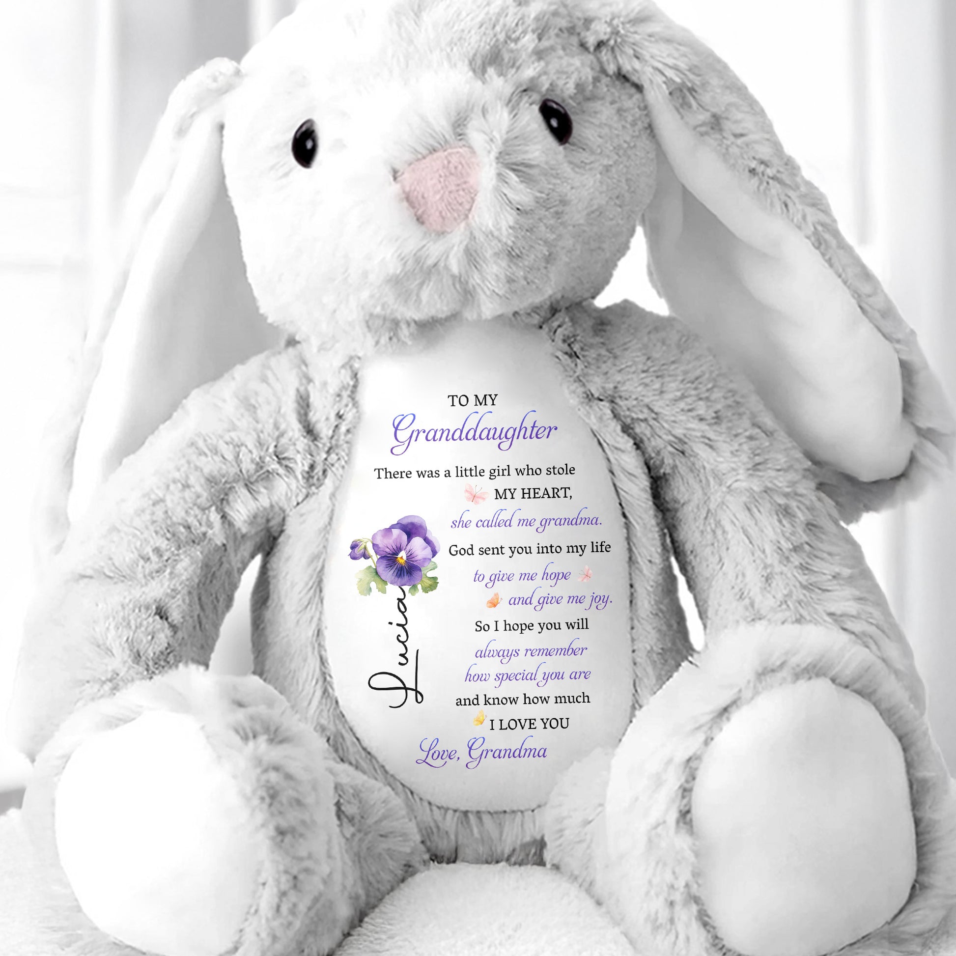 To My Granddaughter, Plush Bunny With Purple Flowers