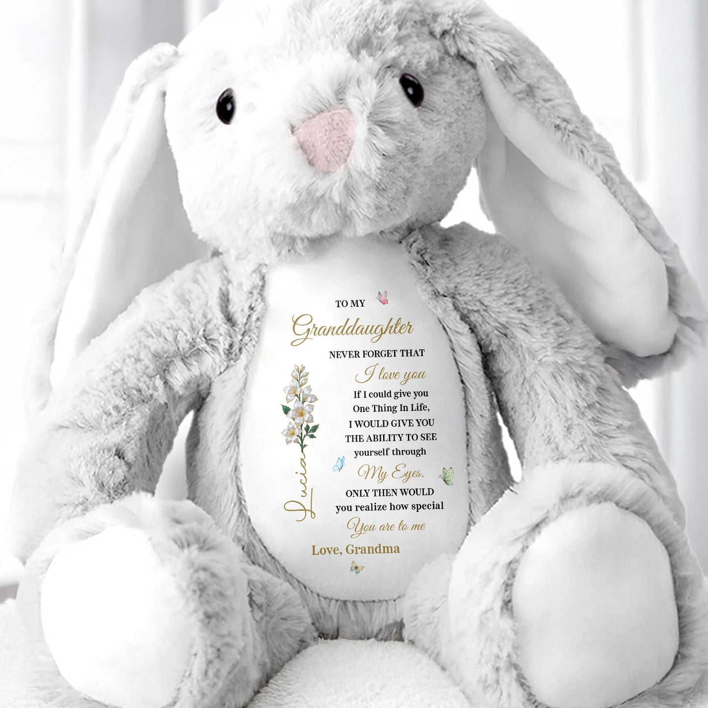 To My Granddaughter, Love Grandma, Flowers Bunny - Personalized Stuffed Bunny - GDT607_BUN