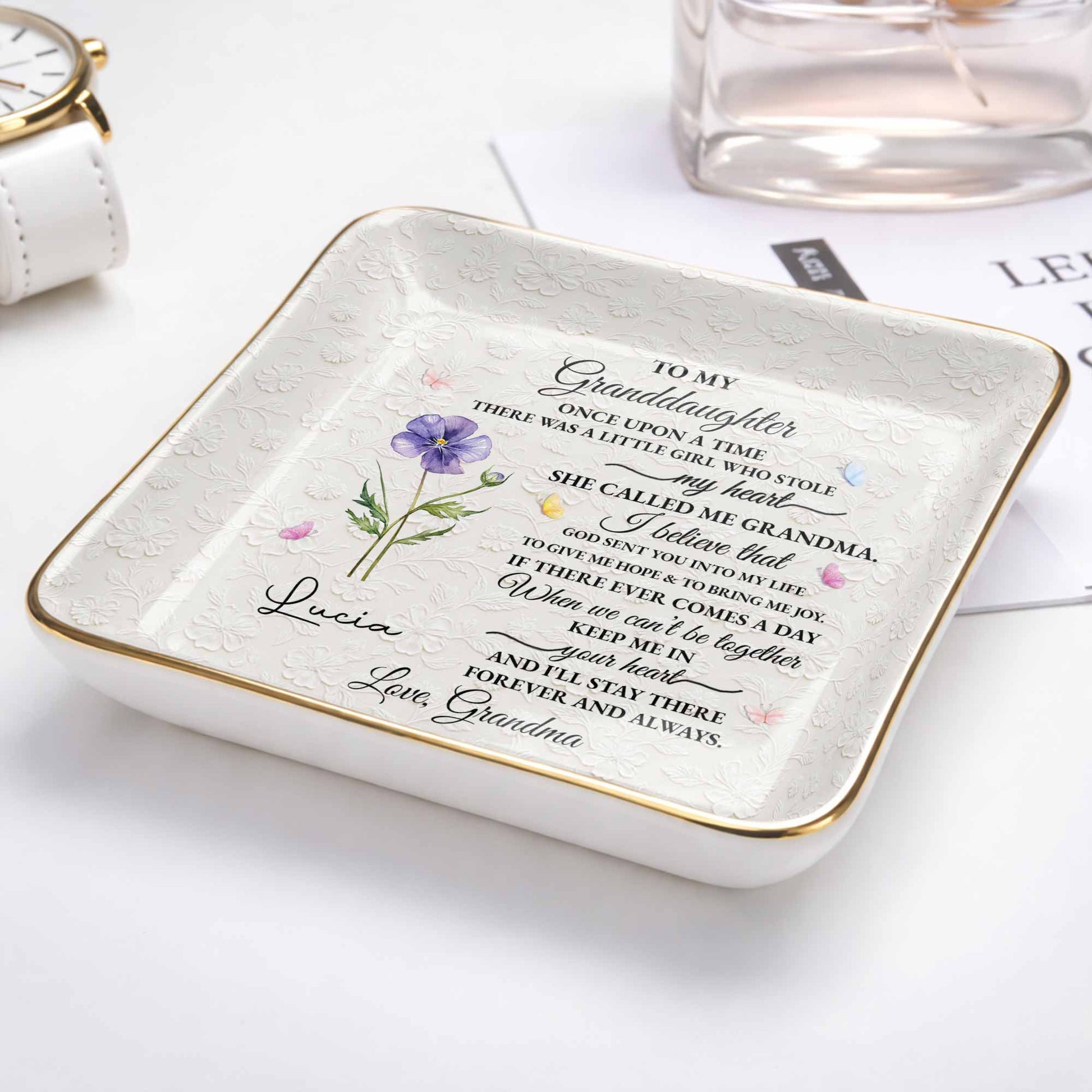 To My Granddaughter Once Upon A Time Flower Butterfly Jewelry Dish