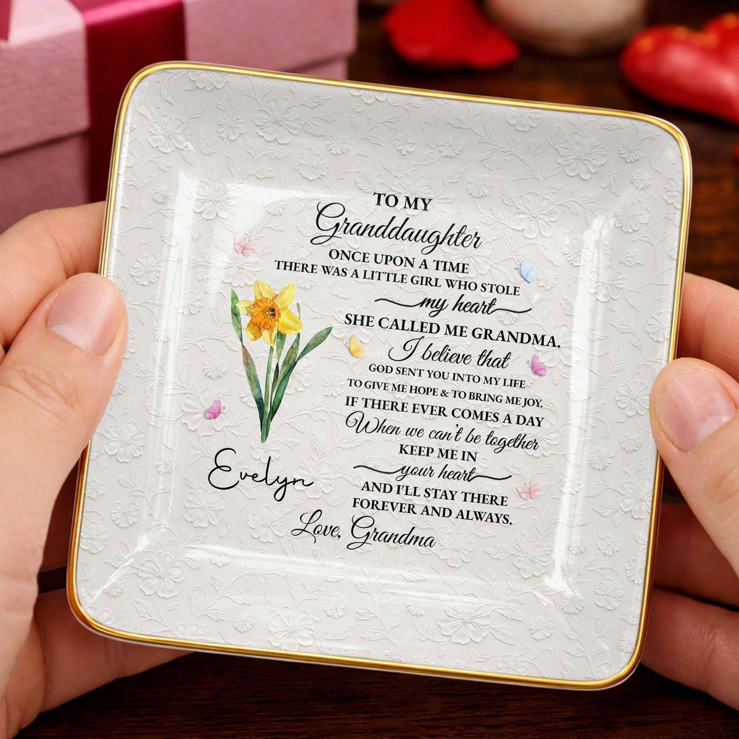 To My Granddaughter Once Upon A Time Flower Butterfly Jewelry Dish