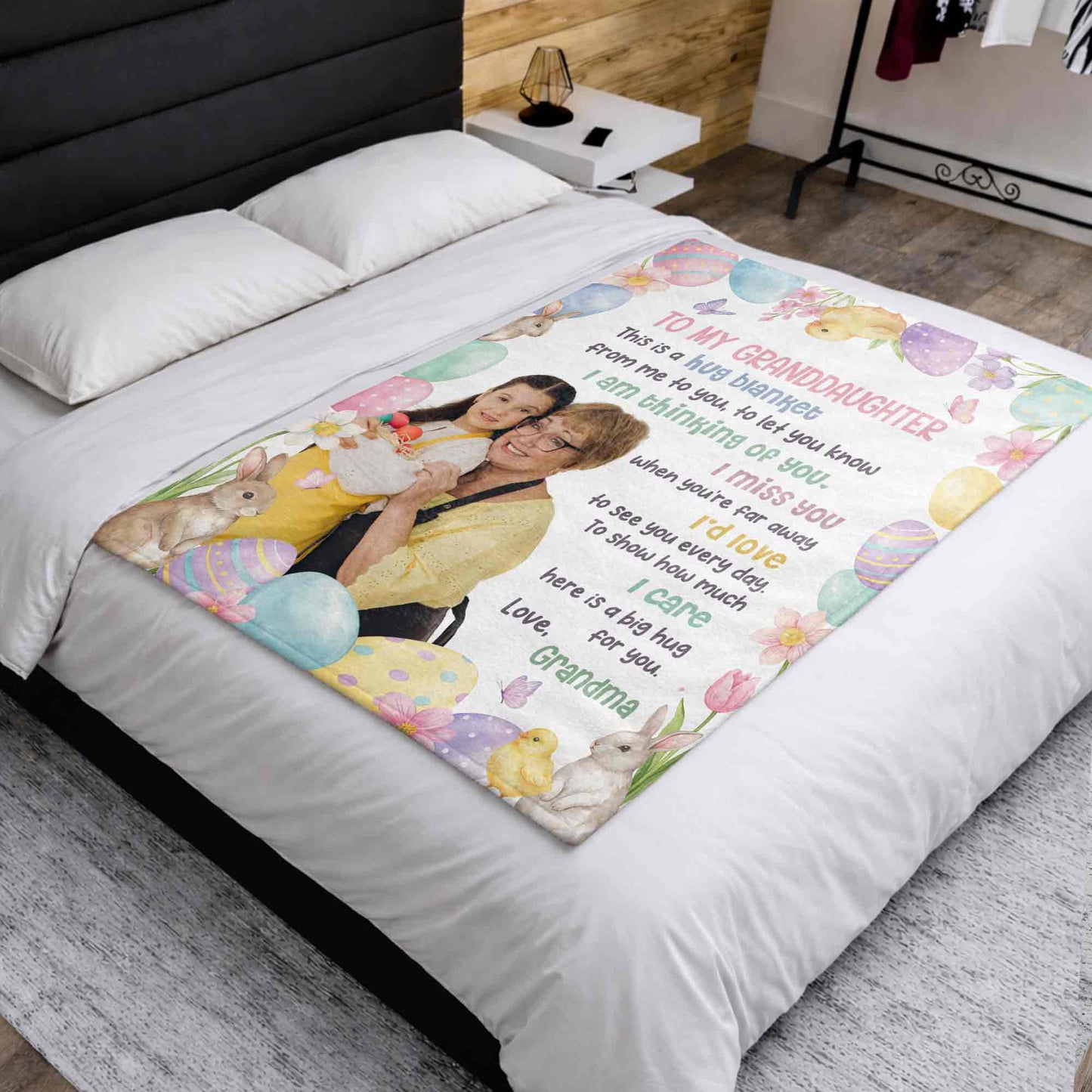 To My Granddaughter Hug Blanket With Easter Eggs And Bunnies