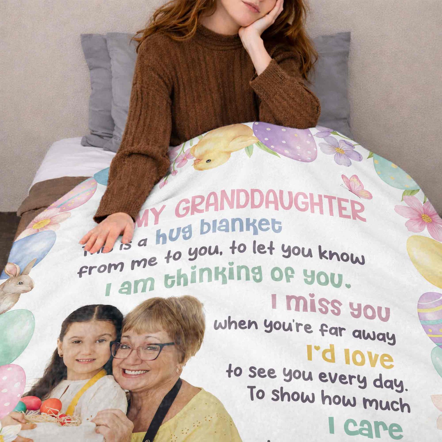 To My Granddaughter Hug Blanket With Easter Eggs And Bunnies