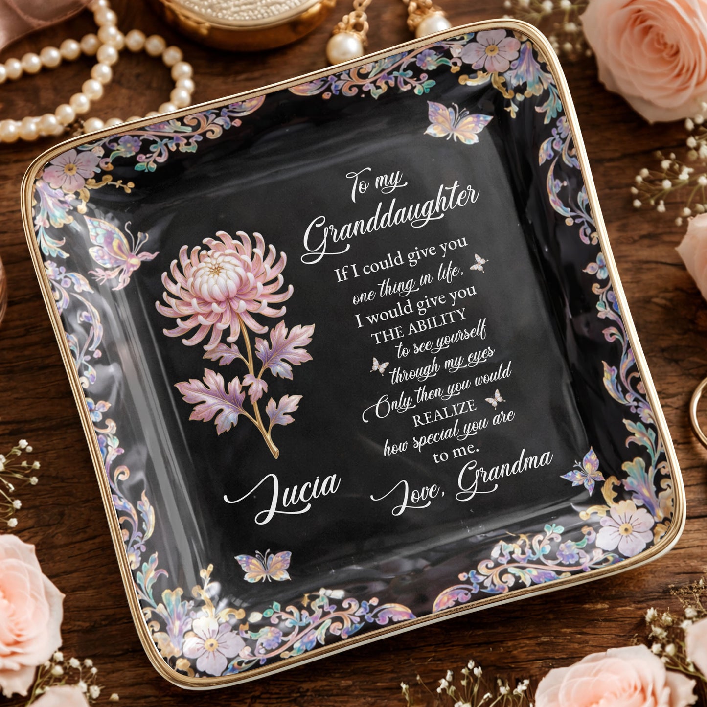 To My Granddaughter If I Could Give You Flower And Butterfly Jewelry Dish - Personalized Custom Jewelry Dish, Ceramic Dish, Square Shape - GDT660_SCRF