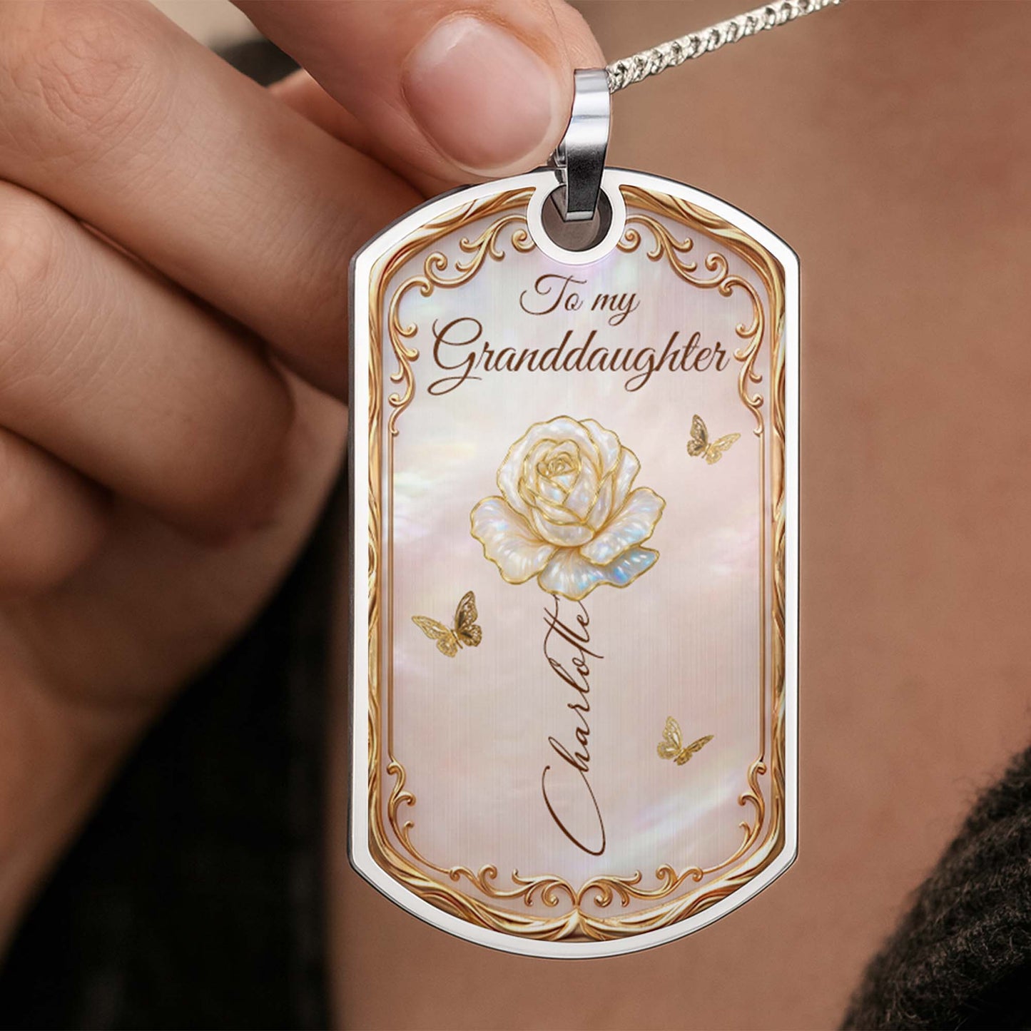 Beautiful Bloom Birth Month Flower Rose And Butterflies - Personalized Custom Dog Tag Necklace - GDT745_DTNECK