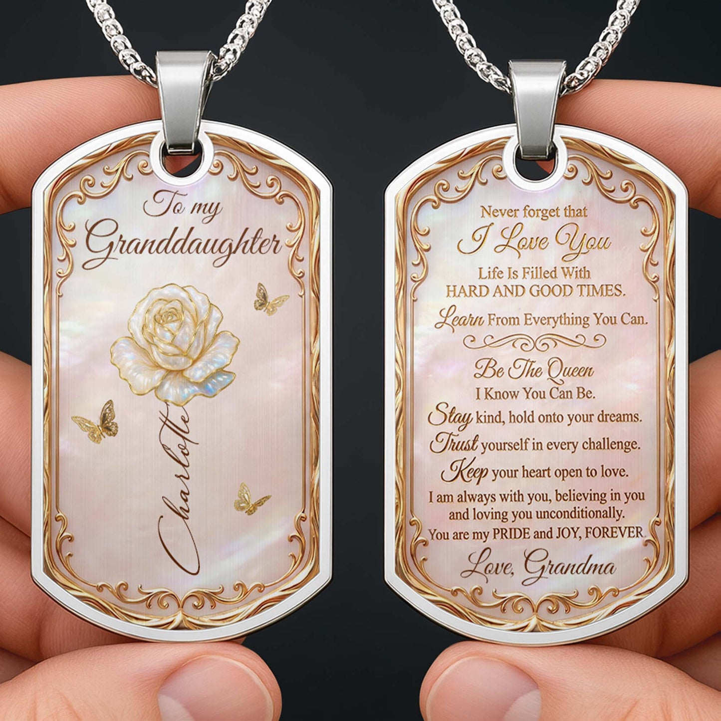Beautiful Bloom Birth Month Flower Rose And Butterflies - Personalized Custom Dog Tag Necklace - GDT745_DTNECK