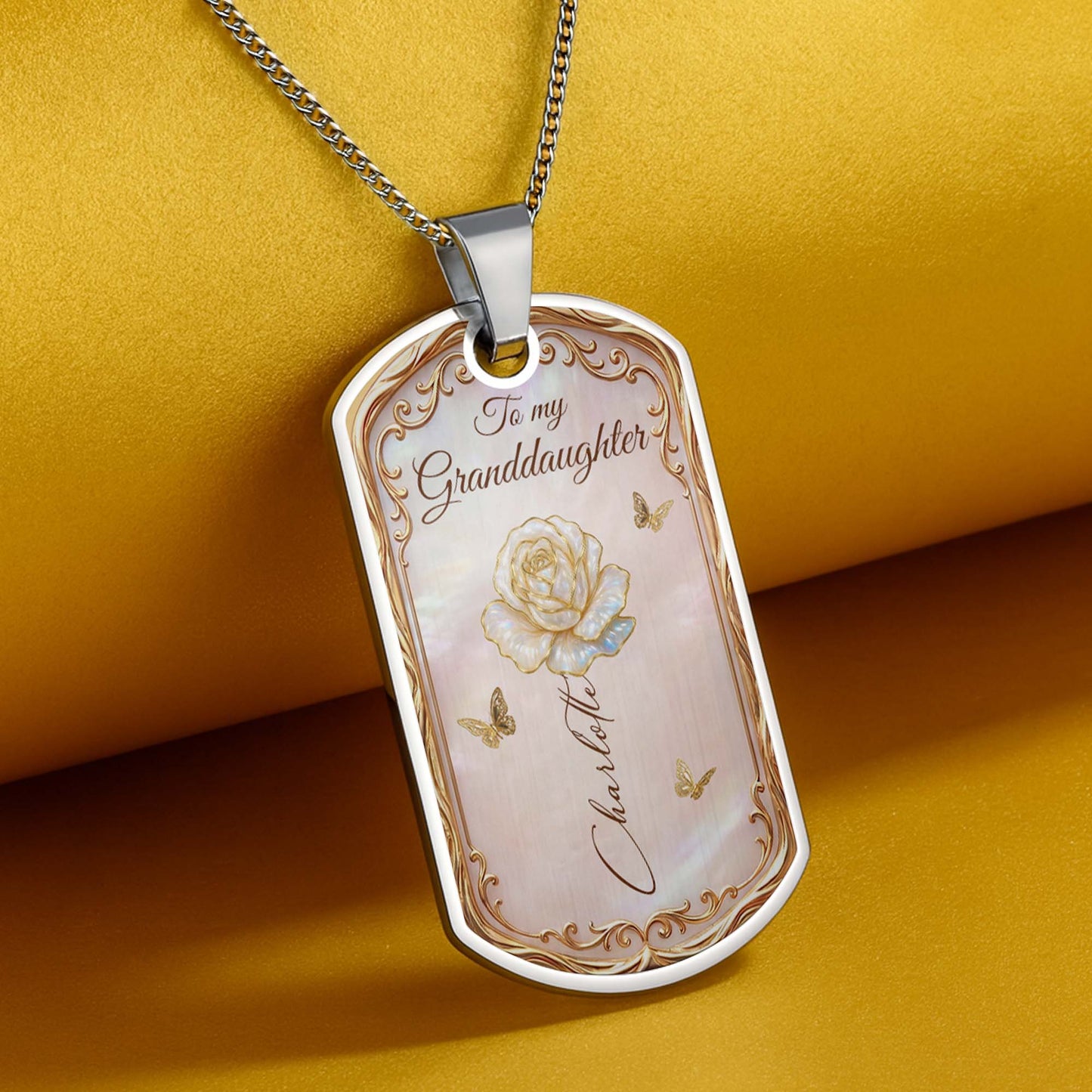 Beautiful Bloom Birth Month Flower Rose And Butterflies - Personalized Custom Dog Tag Necklace - GDT745_DTNECK