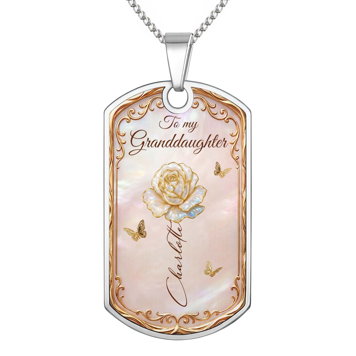Beautiful Bloom Birth Month Flower Rose And Butterflies - Personalized Custom Dog Tag Necklace - GDT745_DTNECK