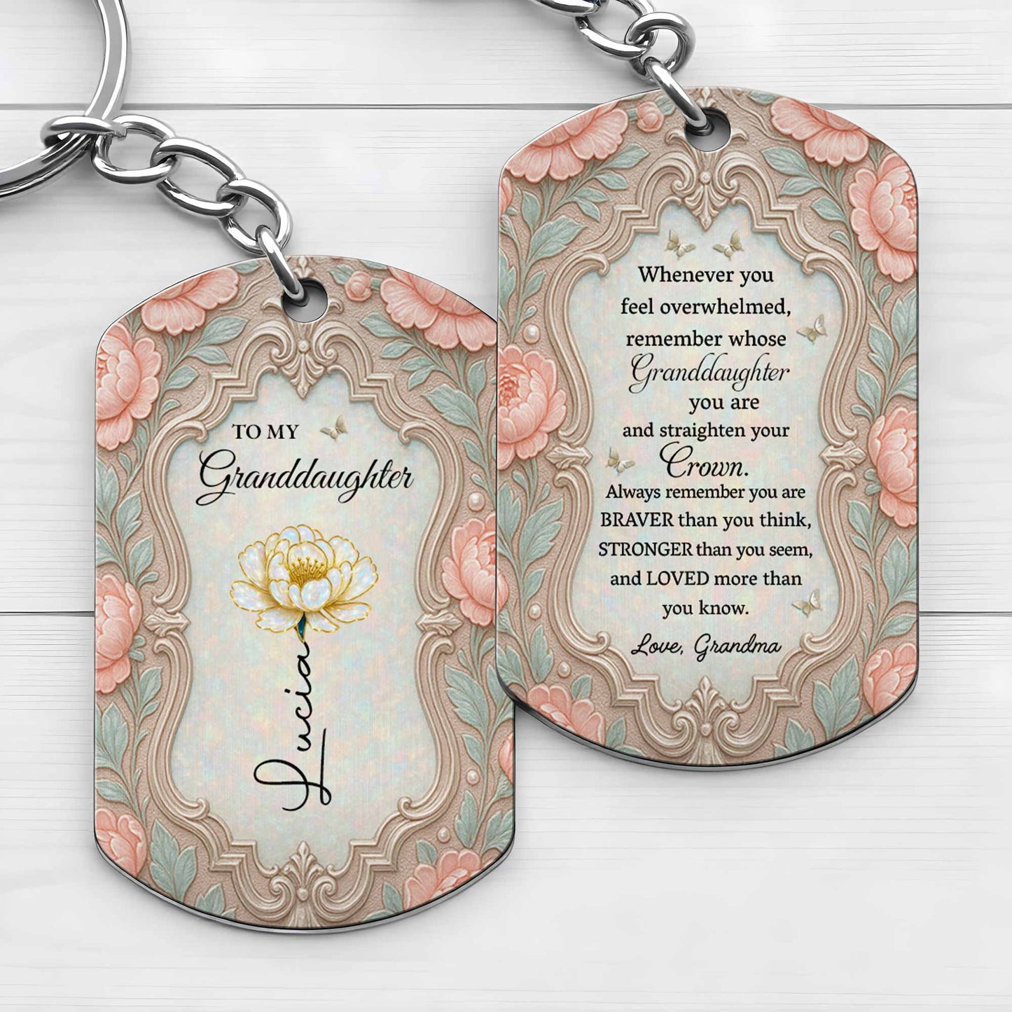 To My Granddaughter Straighten Your Crown Birth Month Flower Vintage Design - Personalized Stainless Steel Keychain - GDT769_KCX