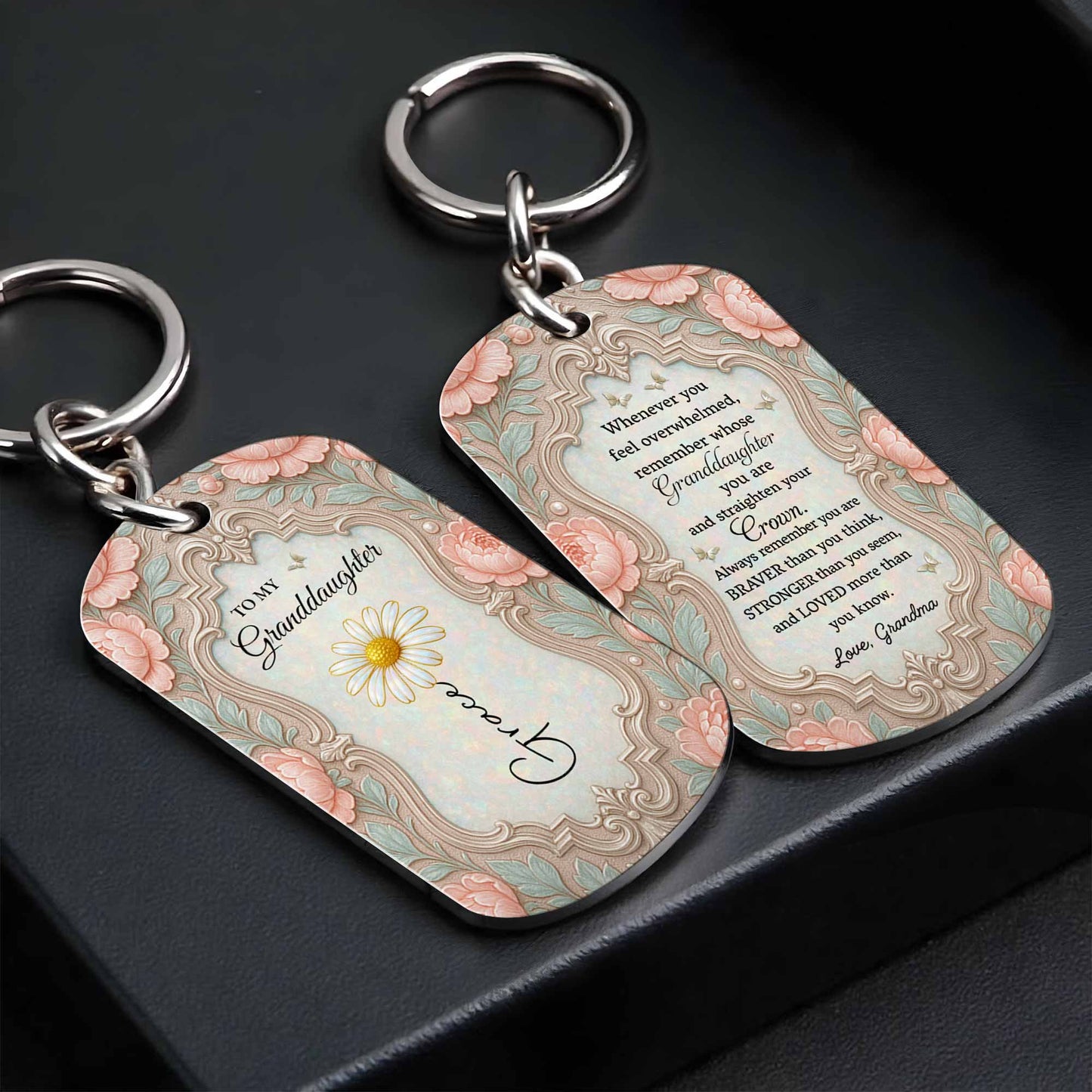 To My Granddaughter Straighten Your Crown Birth Month Flower Vintage Design - Personalized Stainless Steel Keychain - GDT769_KCX