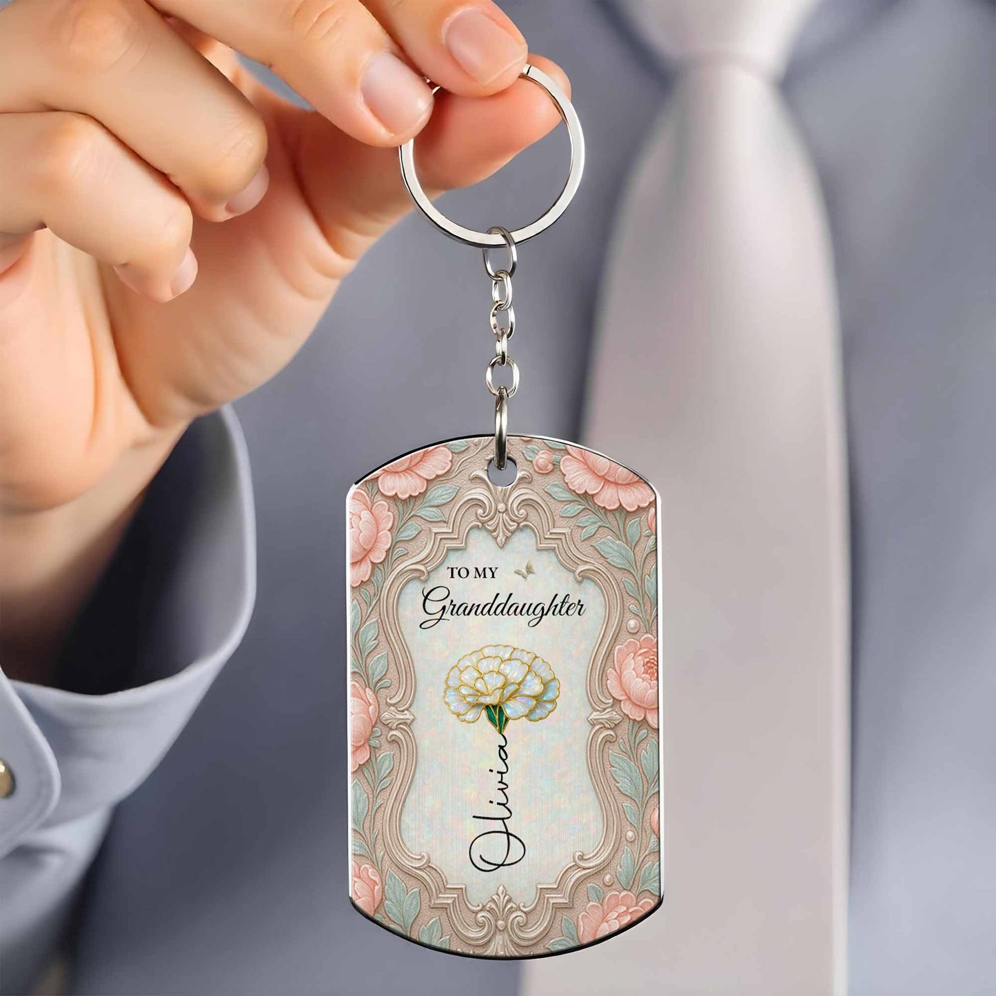 To My Granddaughter Straighten Your Crown Birth Month Flower Vintage Design - Personalized Stainless Steel Keychain - GDT769_KCX