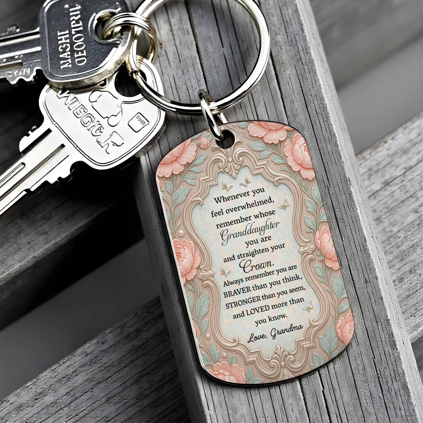 To My Granddaughter Straighten Your Crown Birth Month Flower Vintage Design - Personalized Stainless Steel Keychain - GDT769_KCX
