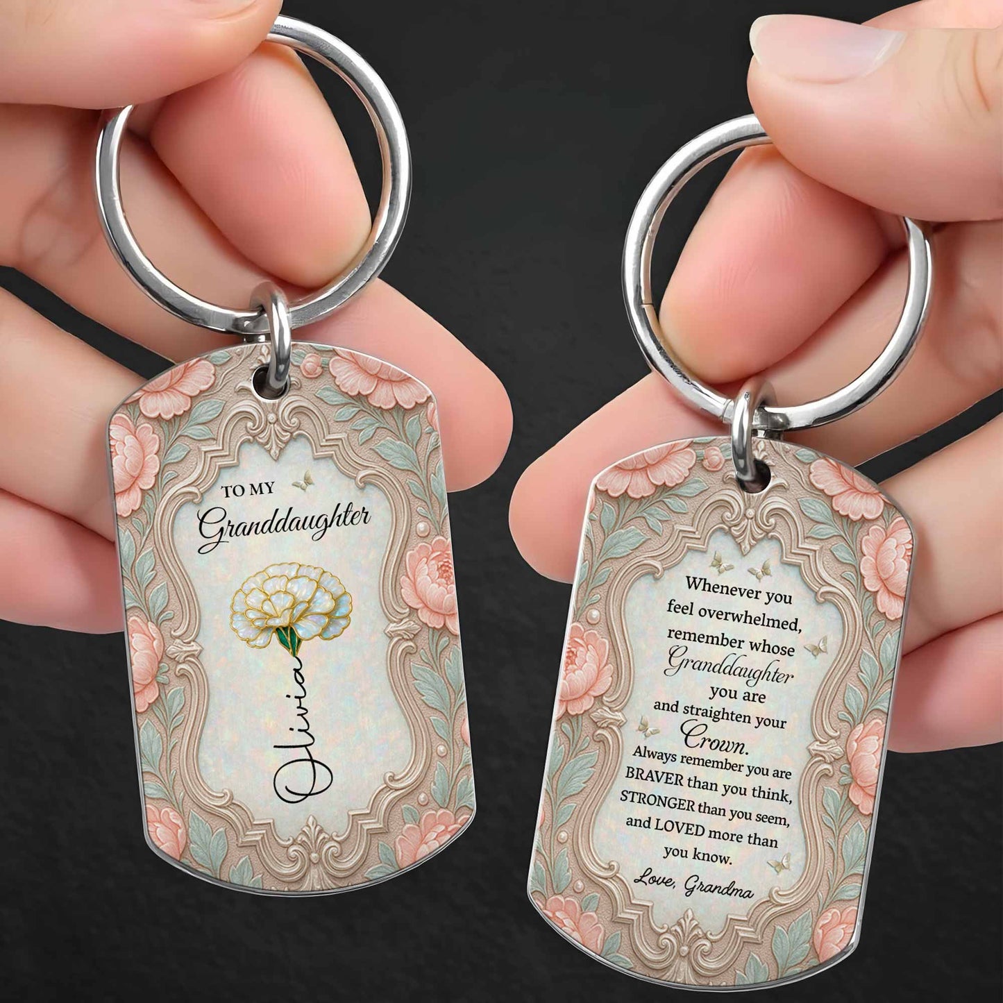 To My Granddaughter Straighten Your Crown Birth Month Flower Vintage Design - Personalized Stainless Steel Keychain - GDT769_KCX