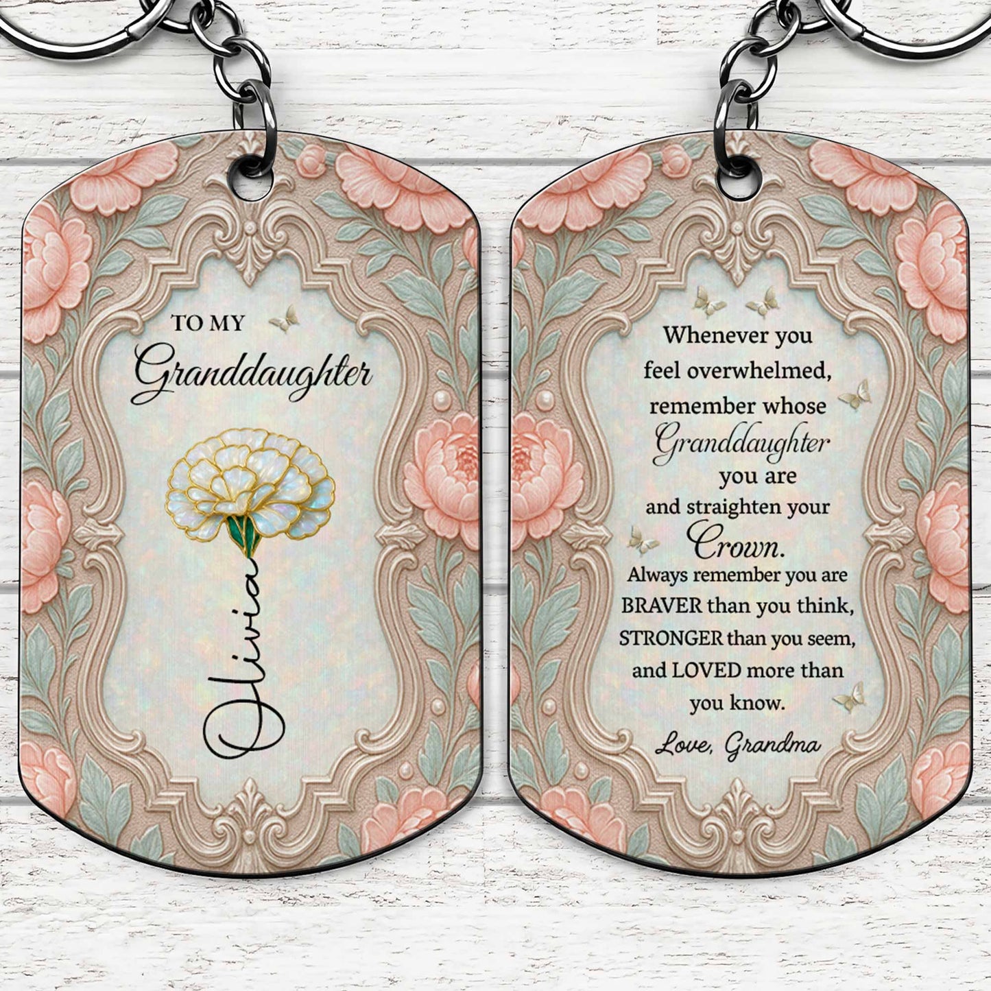 To My Granddaughter Straighten Your Crown Birth Month Flower Vintage Design - Personalized Stainless Steel Keychain - GDT769_KCX