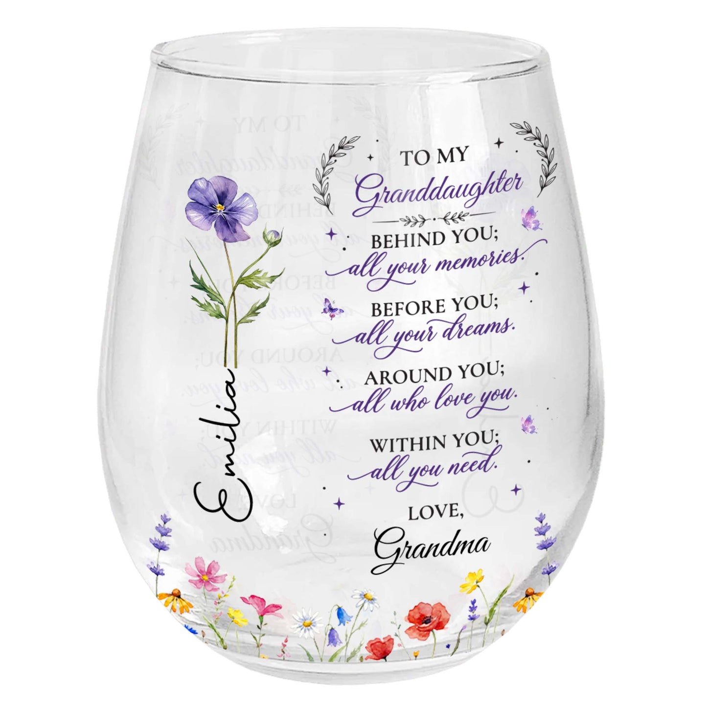 Behind You All Your Memories, Custom Name Gift from Grandma - Personalized Stemless Wine Glass - GDT806_WIGL