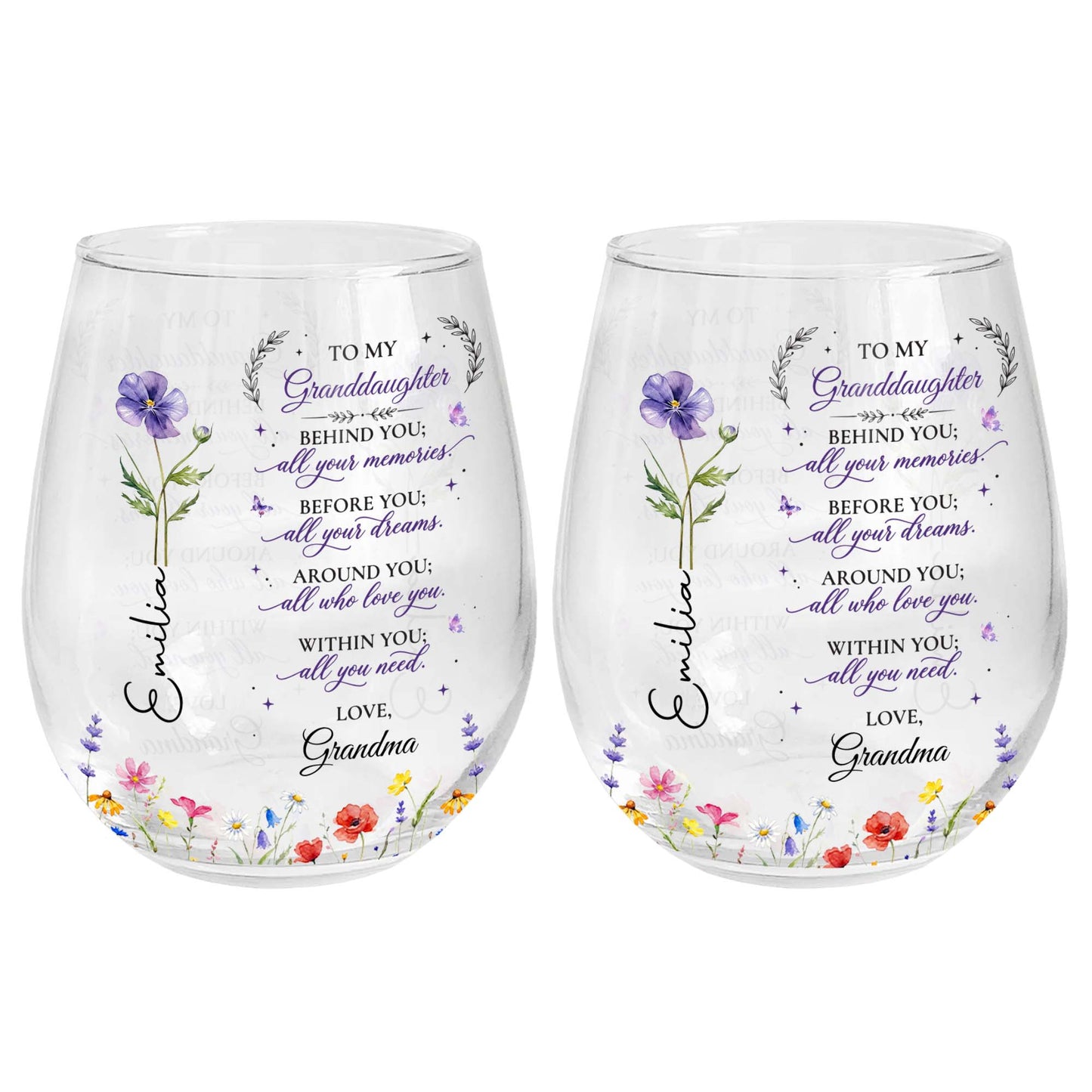 Behind You All Your Memories, Custom Name Gift from Grandma - Personalized Stemless Wine Glass - GDT806_WIGL