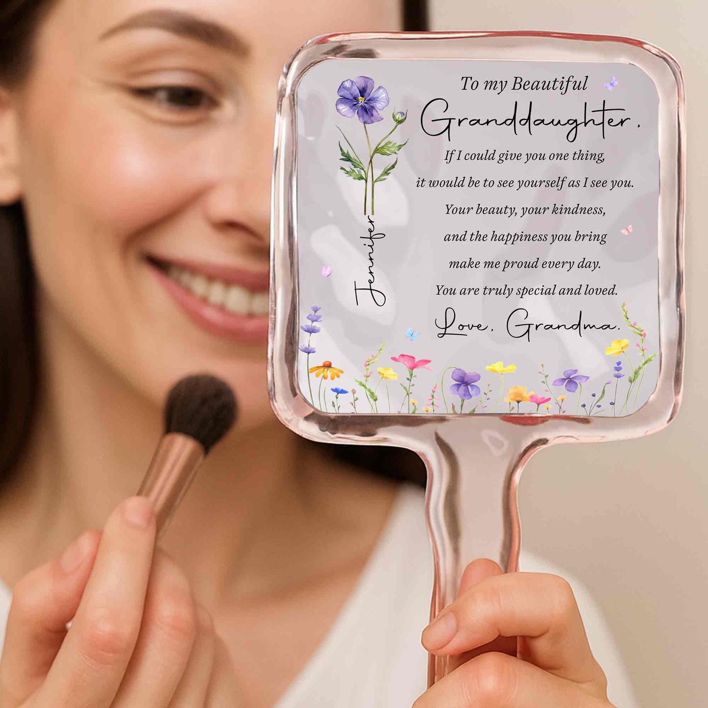 To My Beautiful Granddaughter Special And Loved With Birth Flowers - Personalized Handheld Mirror - GDT808_HMIR