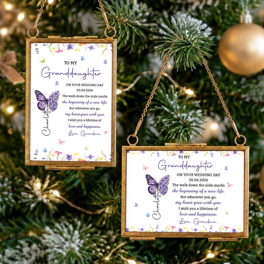 To My Granddaughter On Our Wedding Day With Butterfly And Flowers - Personalized Metal Frame Ornament - GDT815_GOFRO