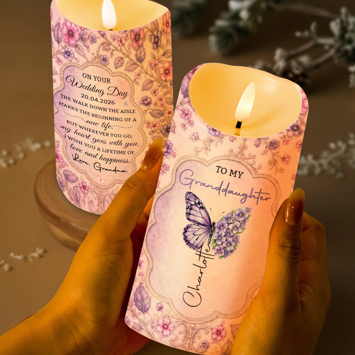 To My Granddaughter On Your Wedding Day Butterfly Floral LED Candle - Personalized Custom LED Candle - GDT815_LECA