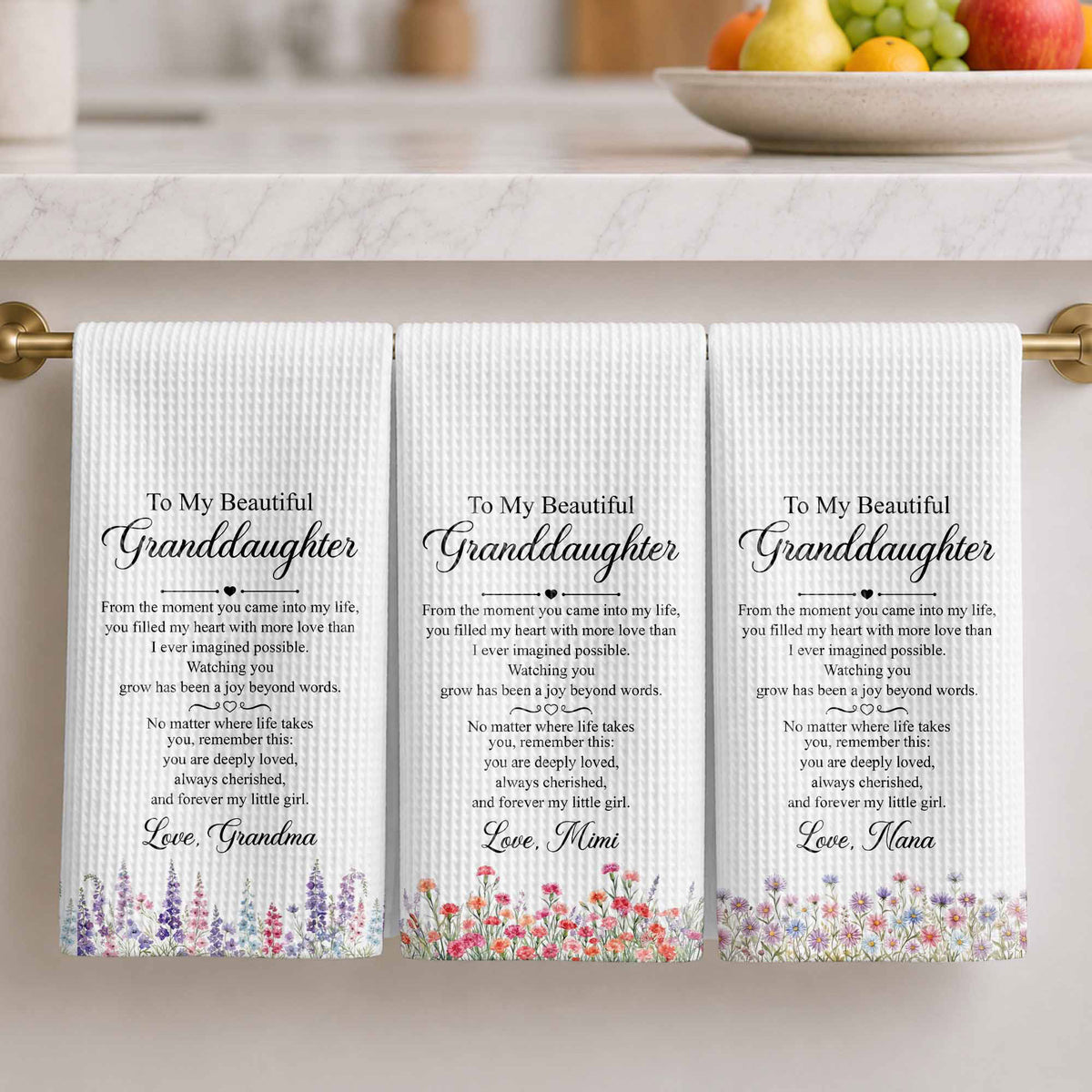 To My Beautiful Granddaughter Always Cherished With Purple Flowers - Personalized Kitchen Towel - GDT837_TOWL