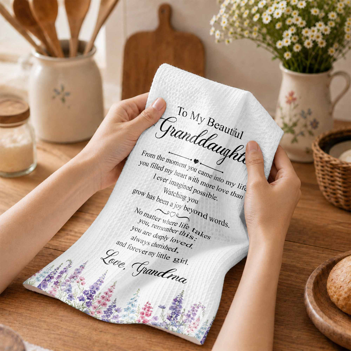 To My Beautiful Granddaughter Always Cherished With Purple Flowers - Personalized Kitchen Towel - GDT837_TOWL