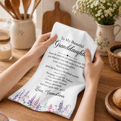 To My Beautiful Granddaughter Always Cherished With Purple Flowers - Personalized Kitchen Towel - GDT837_TOWL