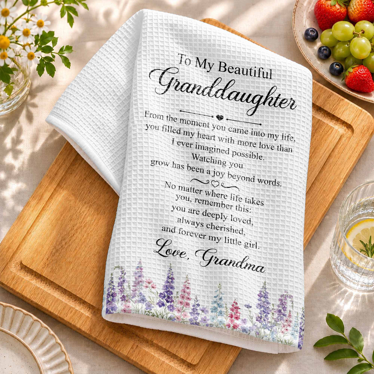 To My Beautiful Granddaughter Always Cherished With Purple Flowers - Personalized Kitchen Towel - GDT837_TOWL