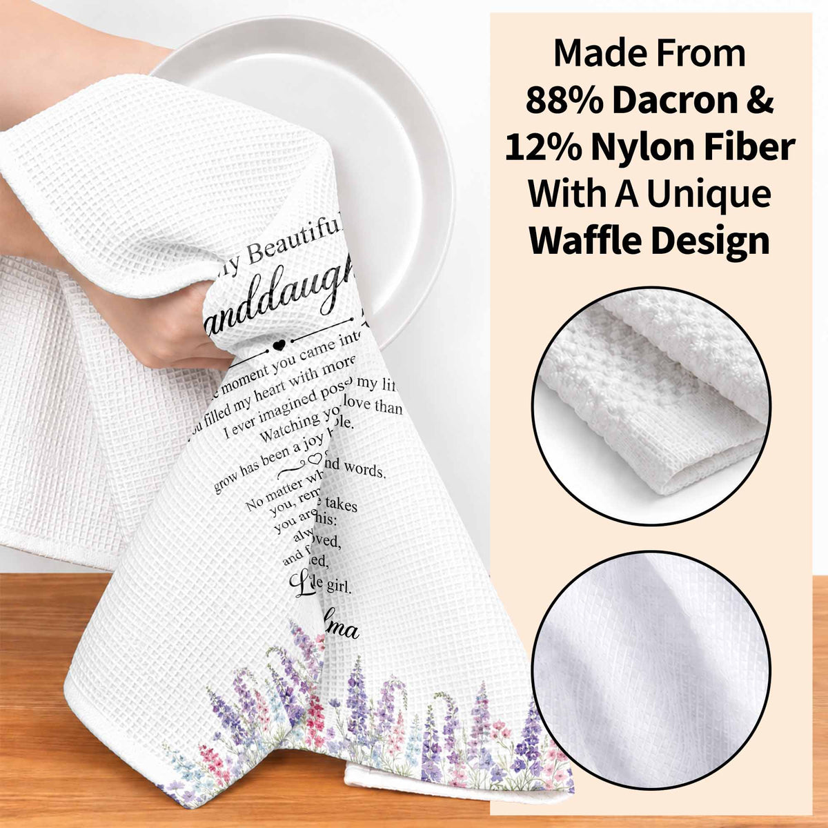 To My Beautiful Granddaughter Always Cherished With Purple Flowers - Personalized Kitchen Towel - GDT837_TOWL