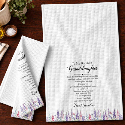 To My Beautiful Granddaughter Always Cherished With Purple Flowers - Personalized Kitchen Towel - GDT837_TOWL