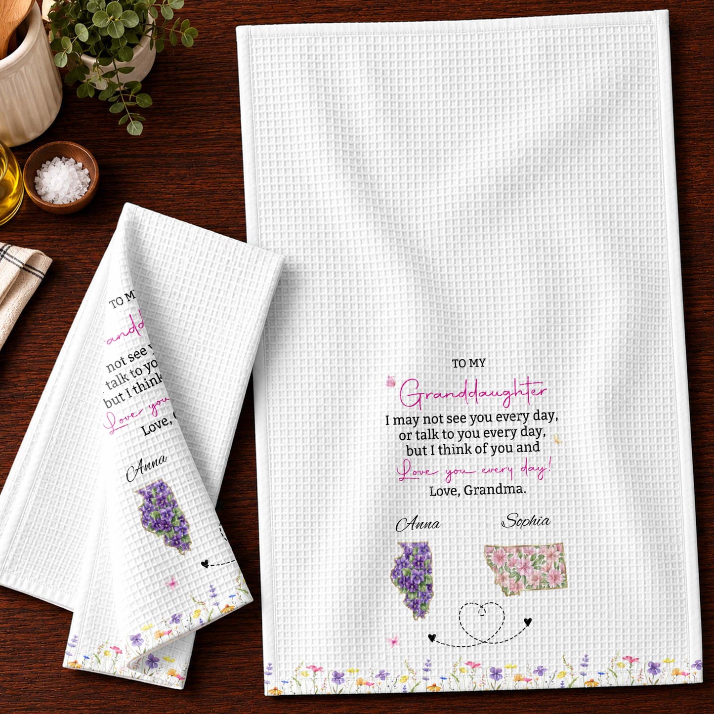To My Granddaughter Love You Everyday With Floral State Art - Personalized Kitchen Towel - GDT868_TOWL