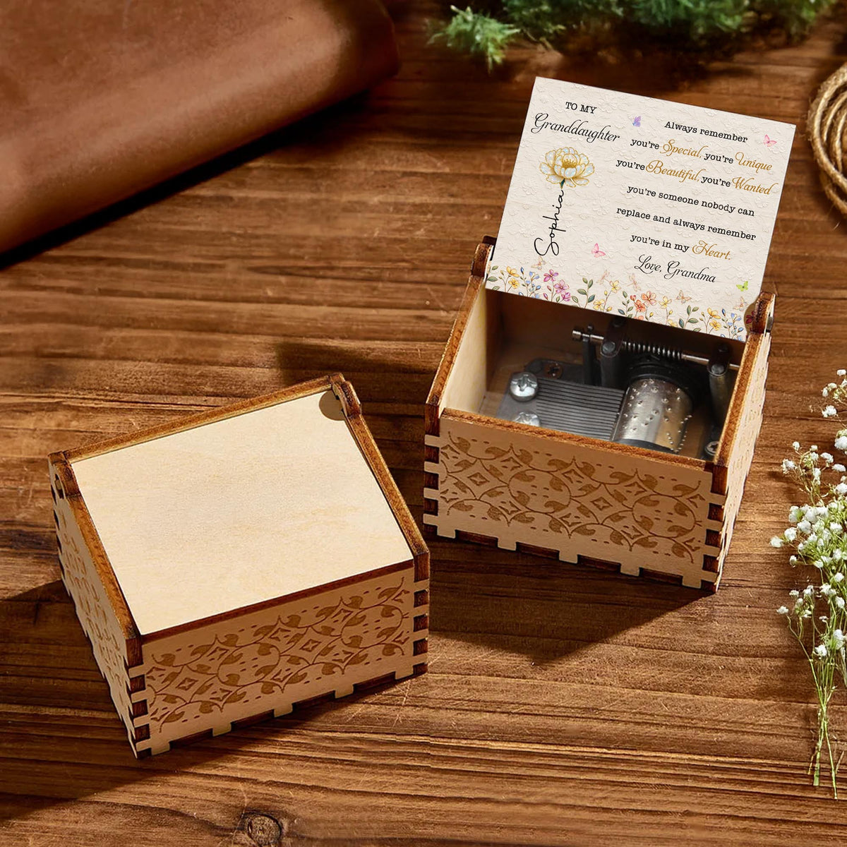 To My Granddaughter Always Remember You Are Special Unique Beautiful Birth Flowers - Custom Music Box With "You Are My Sunshine" Tune - GDT879_MZB