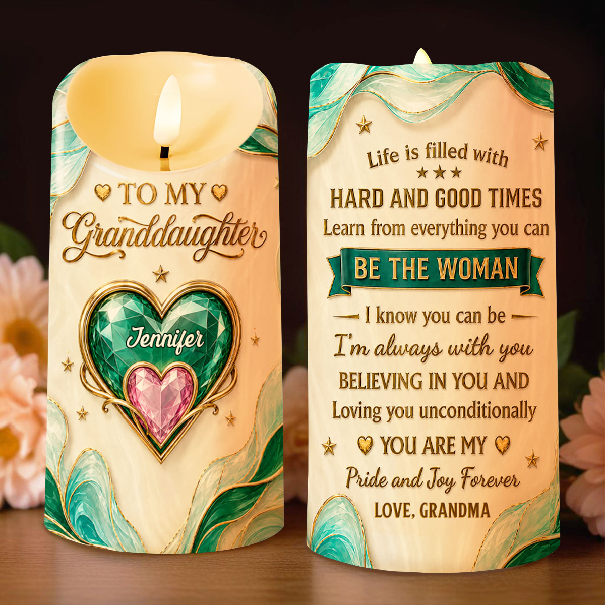 To My Granddaughter Life Is Filled With Hard And Good Times Heart Emerald - Personalized Custom LED Candle - GDT886_LECA