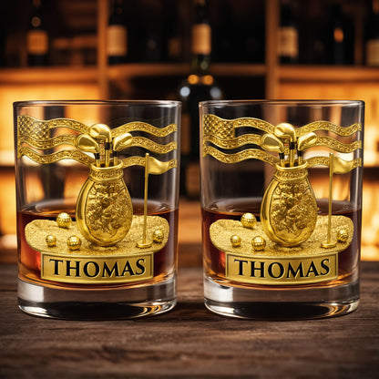 American Golf Legend With Golf Bag And Clubs - Personalized Custom Whiskey Glass - GOLF020_RWG