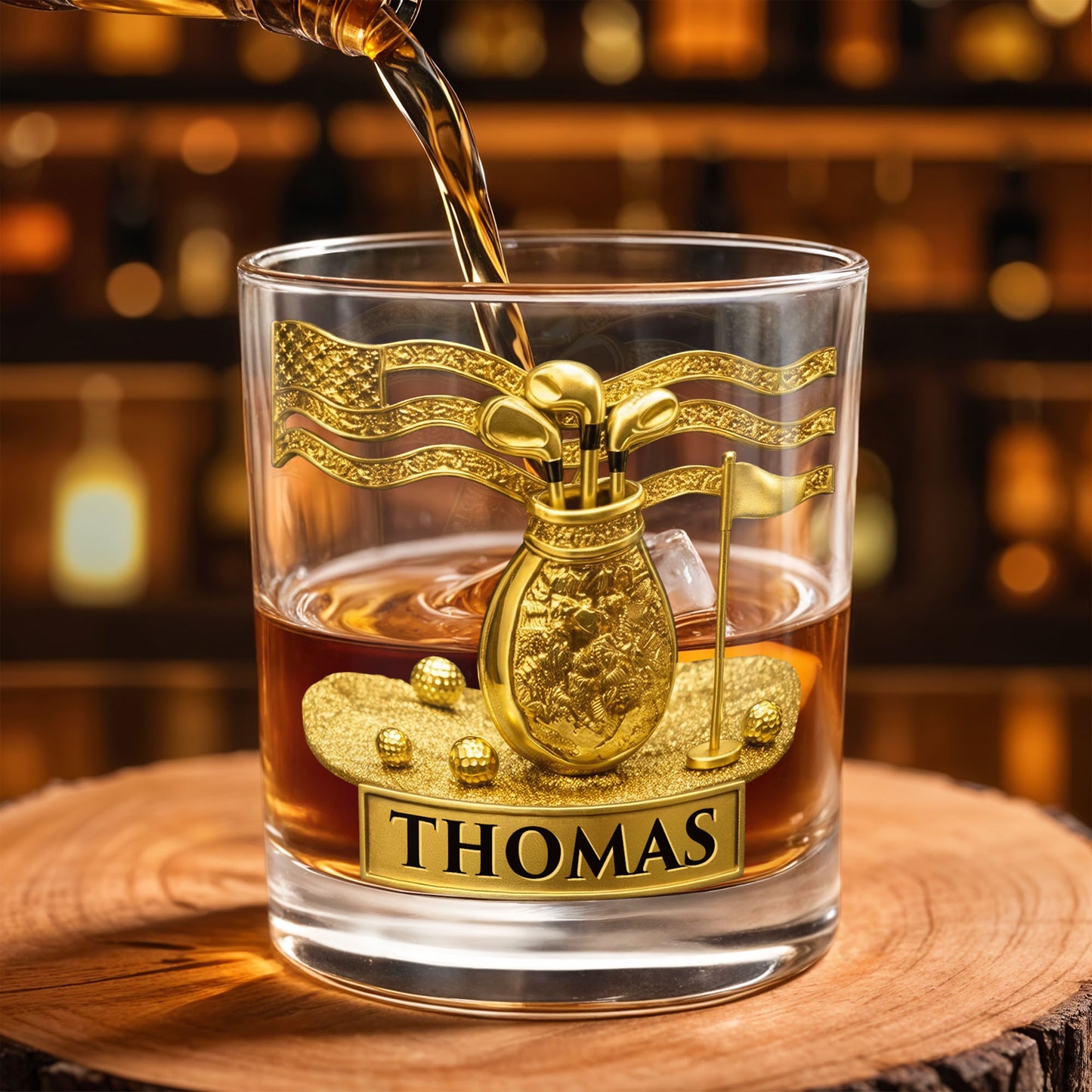 American Golf Legend With Golf Bag And Clubs - Personalized Custom Whiskey Glass - GOLF020_RWG