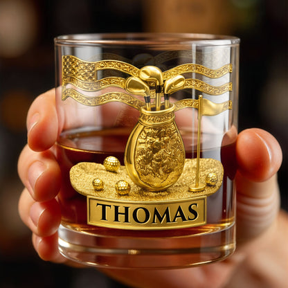 American Golf Legend With Golf Bag And Clubs - Personalized Custom Whiskey Glass - GOLF020_RWG