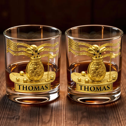 American Golf Legend With Golf Bag And Clubs - Personalized Custom Whiskey Glass - GOLF020_RWG