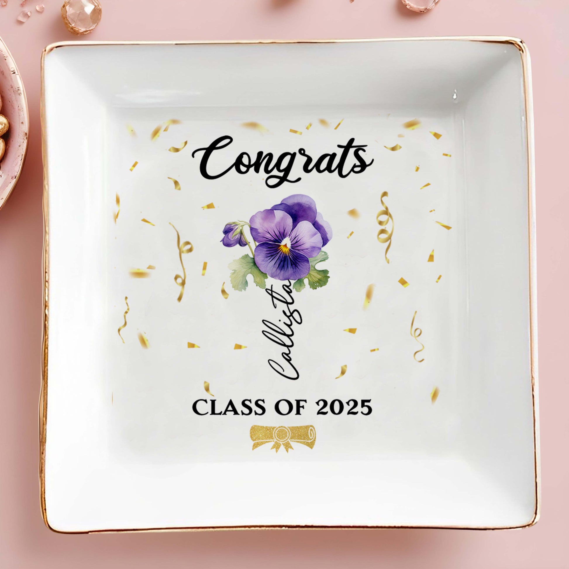 Congrats Personalized Pansy Flower Design Jewelry Dish